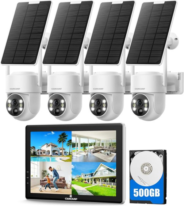 CAMCAMP Solar Security Cameras Wireless Outdoor with 10" Monitor, 10CH NVR 2K Solar Home Security Camera System with 360° Color Night Vision,2-Way Audio,500GB Local Storage,No Monthly Fee,No Need WiFi