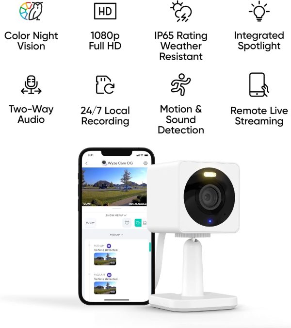 Wyze Cam OG Indoor/Outdoor 1080p Wi-Fi Smart Home Security Camera with Color Night Vision, Built-in Spotlight, Motion Detection, 2-Way Audio, Compatible with Alexa & Google Assistant, White - Image 2