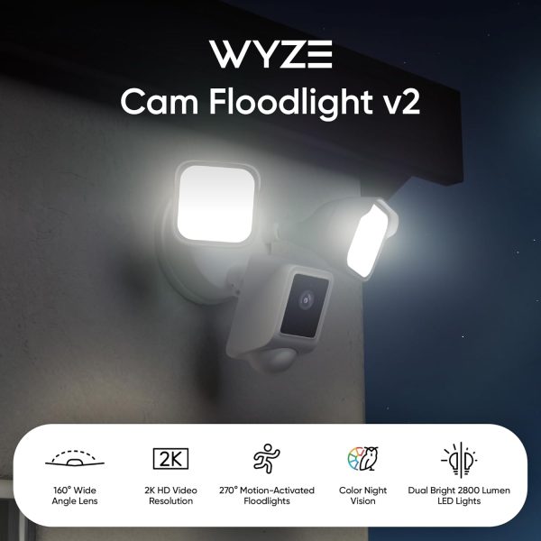 WYZE Floodlight Camera v2, 2800-Lumen LEDs, 2K HD Outdoor Security Camera, 160° Wide View, Motion Activated Light, 105dB Siren, Color Night Vision, Compatible with Alexa & Google Assistant, Wired - Image 2