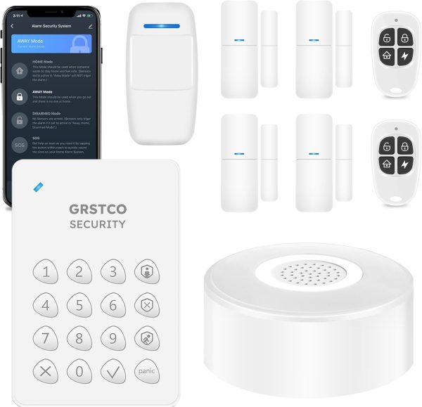 WiFi Alarm System, Smart Home Alarm System Wireless 9 Piece-kit, DIY Alarm System, Door Window Sensor, Motion Sensor, Remote, Keypad, Work with Alexa, for House, Apartment Security by GRSICO 2nd Gen