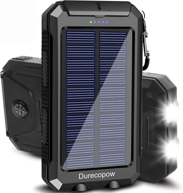 Solar Charger, 20000mAh Portable Outdoor Waterproof Solar Power Bank, Camping External Backup Battery Pack Dual 5V USB Ports Output, 2 Led Light Flashlight with Compass (Black)