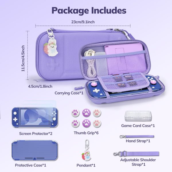 Younik Switch Lite Case, Portable Switch Lite Carrying Case, 14 in 1 Accessories Kit with Carrying Case, Protective Cover, Game Card Case, Screen Protectors, Thumb Grips, Pendant and straps (Purple) - Image 2