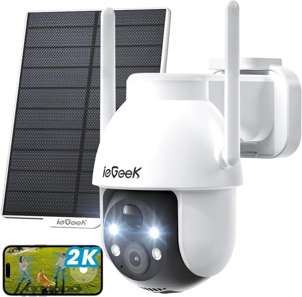 ieGeek Security Cameras Wireless Outdoor, 2K Solar WiFi Camera for Home Security System, Battery Powered Surveillance Cam with Solar Panel, 360° PTZ Color Night Vision, Motion Sensor, Works with Alexa