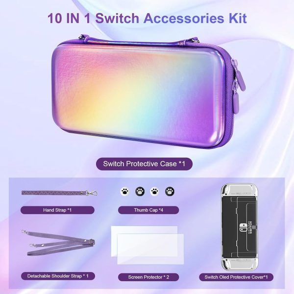 belle&birdie Nintendo Switch Accessories-Hard Protective Carry Case for Switch OLED witch 10 Game Card Slot,Soft TPU Cover, Screen Protector,Adjustable Strap,Thumb Grip Caps (Laser Purple) - Image 2