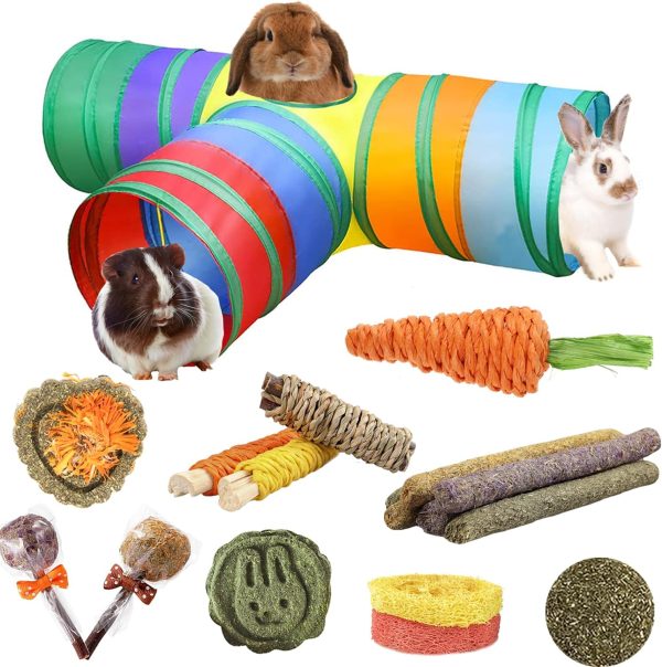 HERCOCCI Bunny Tunnels and Tubes, Collapsible Rabbit Hideout Tunnel Small Animal Activity Toys for Rabbits Bunnies Guinea Pigs Ferrets Kitty Puppy