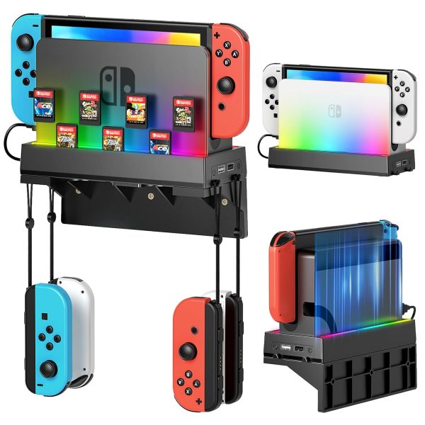 RGB Switch Wall Mount Kit for Nintendo Switch and OLED, Switch Dock Console Holder Stand, Switch Accessories with 7 Light Modes, 7 Card Slots, 4 Joypad Hangers, 2 USB Ports, Behind TV, Graphite Black