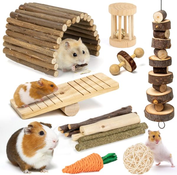 Sofier Hamster, Guinea Pig Toys Accessories Natural Chews for Teeth Rabbit Bunny Rat Chinchilla Hideout Ball Apple Wood Timothy Hay Sticks