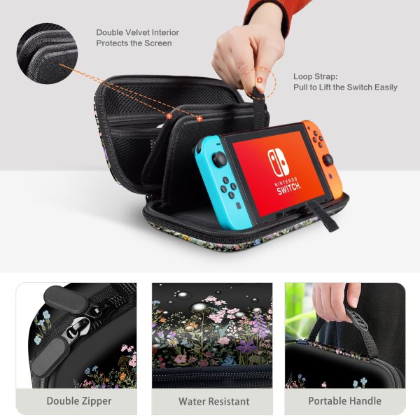 Lalumix Nintendo Switch Case, Black Flower Nintendo Switch OLED Case for Girls Boys with 16 Game Card Slots Travel Storage Shockproof Protective Cover for Switch Console Joy-Con Accessories, Floral - Image 4