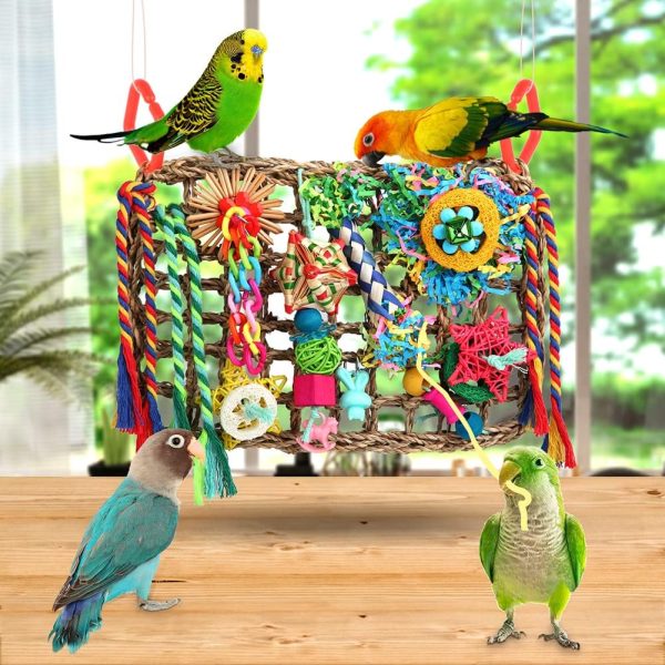 Bird Toys Bird Foraging Toys for Parakeets Cockatiel Conures Lovebirds Bird Foraging Shredding Seagrass Wall with Various Toys for Birds - Image 2