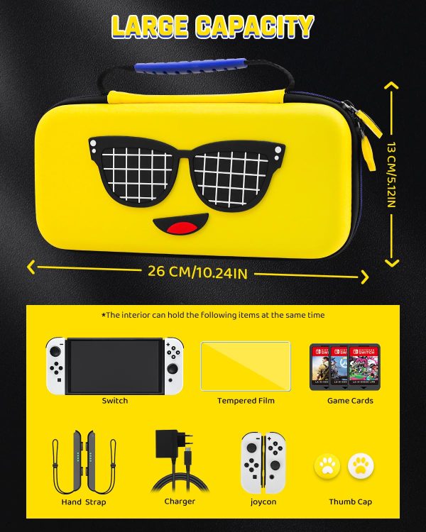 GLDRAM Yellow Switch OLED Case Bundle, Portable Travel Carrying Storage Bag for Nintendo Switch OLED, PC Protective Skin Cover, Screen Protector, Thumb Cap for Console & Accessories - Image 2