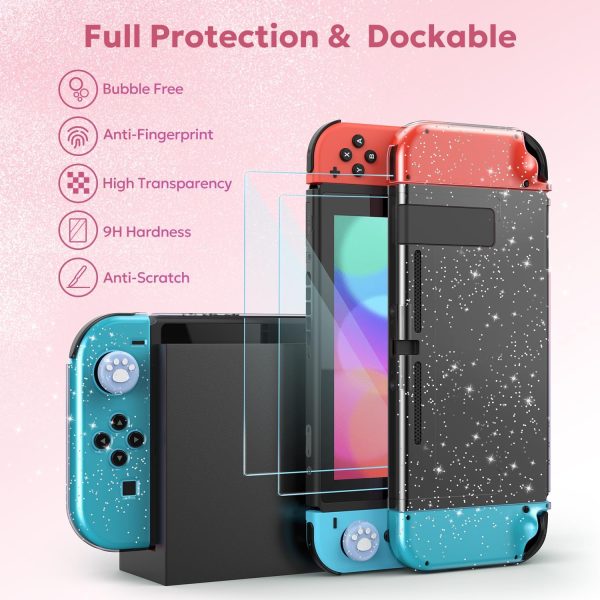 innoAura Switch Case for NS Switch, 17 in 1 Switch Accessories Bundles with Switch Carrying Case, Switch Protective Case, Switch Game Case, Switch Screen Protector, Switch Thumb Caps (Sequins Pink) - Image 6