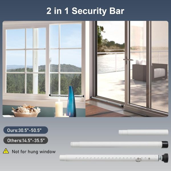 DIIG Sliding Door Security Bar，17.7-50.5inch Adjustable Locking Window Safety Bar with Rubber Tips,Diameter 1inch Window Security Bar for Home Apartment （White） - Image 3