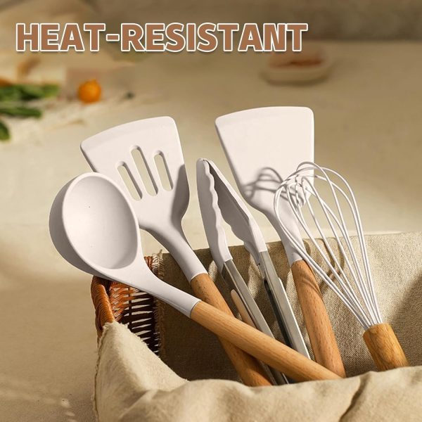 Umite Chef Kitchen Cooking Utensils Set, 33 pcs Non-Stick Silicone Cooking Kitchen Utensils Spatula Set with Holder, Wooden Handle Silicone Kitchen Gadgets Utensil Set (Khaki) - Image 5