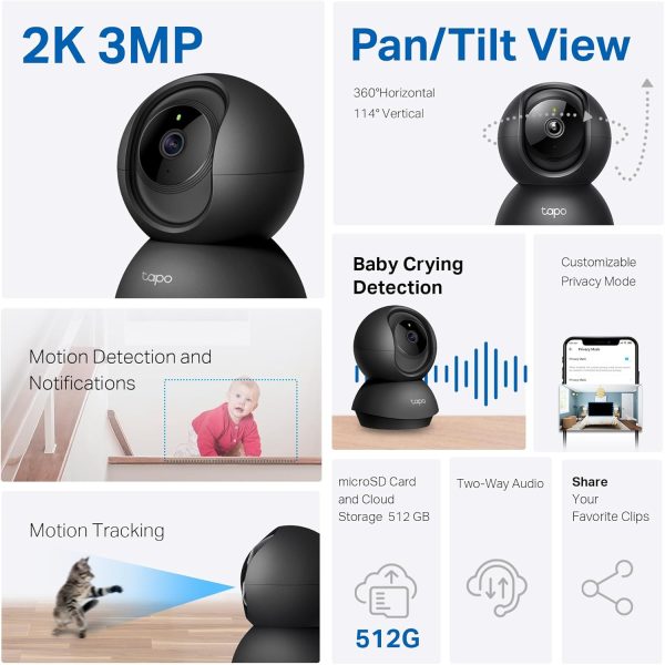 Tapo TP-Link 2K Pan/Tilt Indoor Security Camera for Baby Monitor, Pet Camera, Motion Detection & Tracking, 2-Way Audio, Cloud & SD Card Storage, Works w/Alexa & Google Home, Black, C211(2-Pack) - Image 2