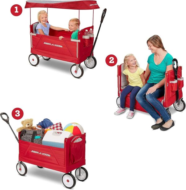 Radio Flyer 3 in 1 EZ Fold Stroller Wagon All Terrain Outdoor Collapsible Off Road Cart with Canopy and Adjustable Handle for Kids and Cargo, Red - Image 2