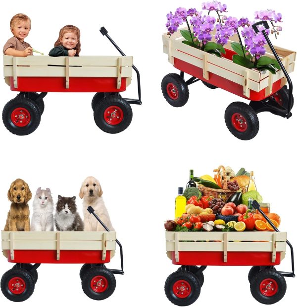 All Terrain Wagons for Kids Wagon with Removable Wooden Side Panels Garden Wagon Cart Heavy Duty with Steel Wagon Bed Folding Wagons for Kids/Pets Ideal Gift for Kids Halloween Christmas,Red - Image 5