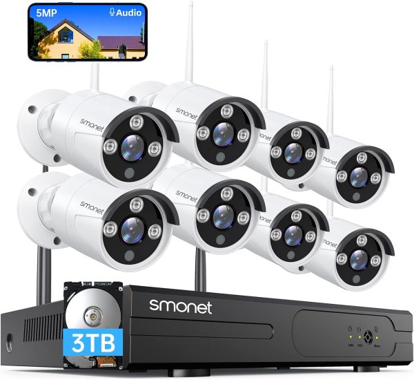 [5MP HD,Audio] SMONET WiFi Security Camera System,3TB Hard Drive,8CH Home Surveillance DVR Kits,8 Packs Outdoor Indoor IP Cameras Set,IP66 Waterproof,Free Phone APP,Night Vision,24/7 Video Recording