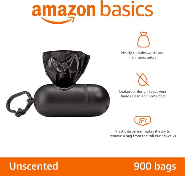 Amazon Basics Dog Poop Leak Proof Bags with Dispenser and Leash Clip, Unscented, 900 Count, 60 Pack of 15, Black, 13 x 9 Inch - Image 2