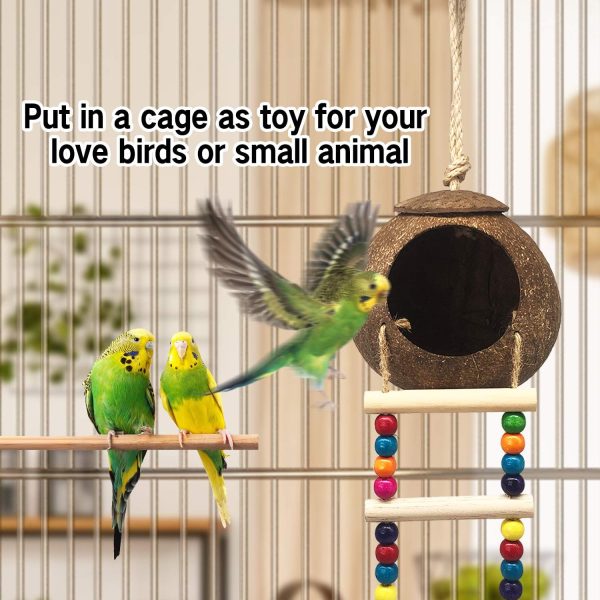 Hanging Coconut Bird House with Ladder,Natural Coconut Fiber Shell Bird Nest for Parrot Parakeet Lovebird Finch Canary,Coconut Hide Bird Swing Toys for Hamster,Bird Cage Accessories,Pet Bird Supplies - Image 5