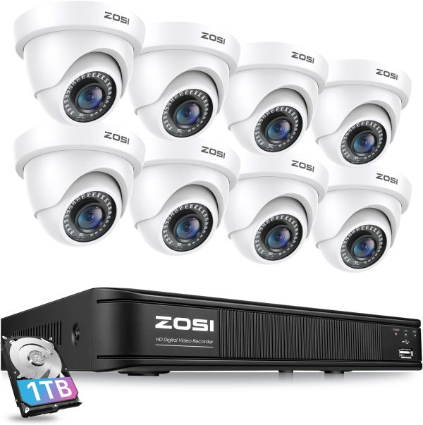 ZOSI 5MP 3K Lite 8 Channel H.265+ Home Security Camera System with AI Human Vehicle Detection, 8CH Surveillance DVR, 8 x 1080p Weatherproof CCTV Dome Camera Outdoor Indoor, 80ft Night Vision, 1TB HDD