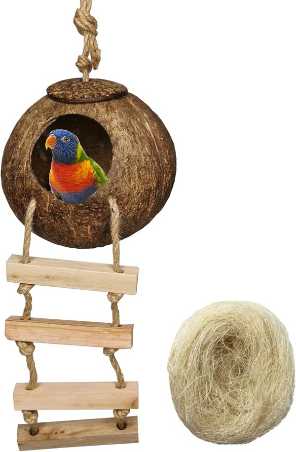 Hanging Bird House with Ladder Natural Coconut Fiber Shell Bird Nest Breeding for Parrot Parakeet Lovebird Finch Canary Coconut Hide Bird Swing Toys for Hamster Bird Cage Accessories Pet Bird Supplies