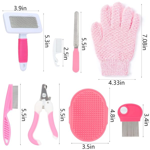 VCZONE Pink Small Animal Grooming Kit with Nail Clipper, Flea Comb, Shampoo Brush, Slicker Brush, Massage Glove for Rabbits - Image 2