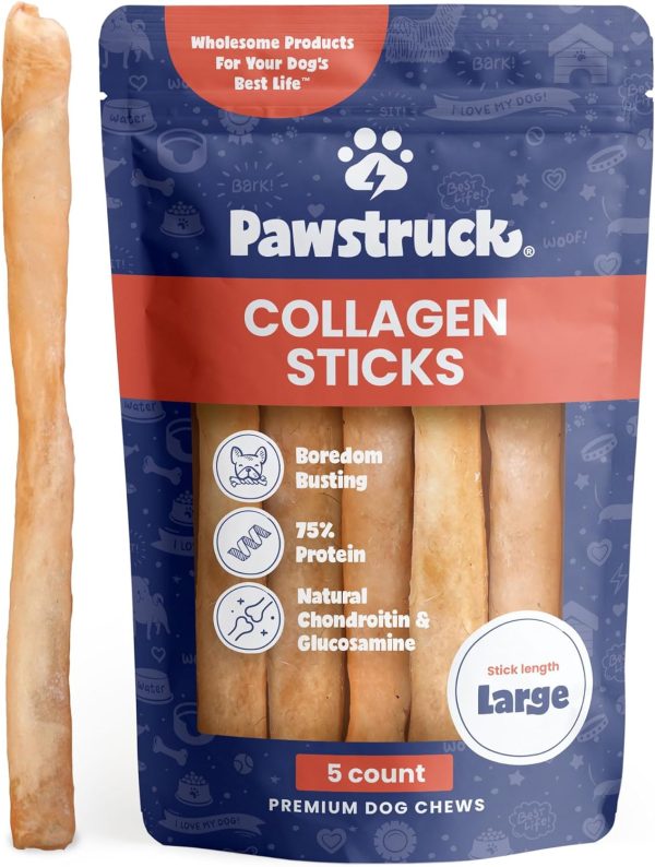 Pawstruck Natural Large 12" Beef Collagen Sticks for Dogs - Healthy Long Lasting Alternative to Traditional Rawhide - High Protein Treats w/Chondroitin & Glucosamine - 5 Count - Packaging May Vary