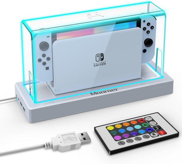 Mooroer Dust Cover with 16 LED Colors Light Base for Nintendo Switch/OLED, Acrylic Clear Display Box Anti-Scratch Waterproof Slim Dock Case, Cool Switch Accessories