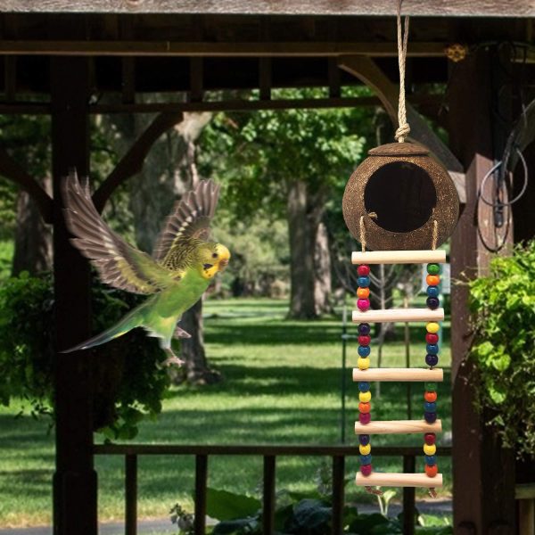 Hanging Coconut Bird House with Ladder,Natural Coconut Fiber Shell Bird Nest for Parrot Parakeet Lovebird Finch Canary,Coconut Hide Bird Swing Toys for Hamster,Bird Cage Accessories,Pet Bird Supplies - Image 7