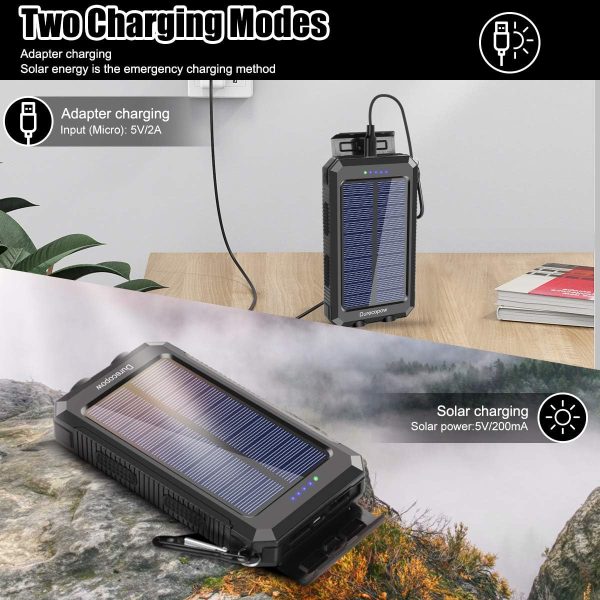 Solar Charger, 20000mAh Portable Outdoor Waterproof Solar Power Bank, Camping External Backup Battery Pack Dual 5V USB Ports Output, 2 Led Light Flashlight with Compass (Black) - Image 3