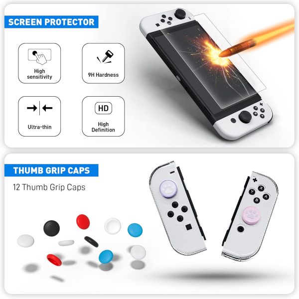 Improved - FANPL Sparkle Case Set for Nintendo Switch OLED 2021, Hard PC Cover for Switch OLED Console and Soft TPU Joy Con Grip Case, Accessories with Screen Protector, 12 Thumb Grip Caps (Glitter) - Image 5