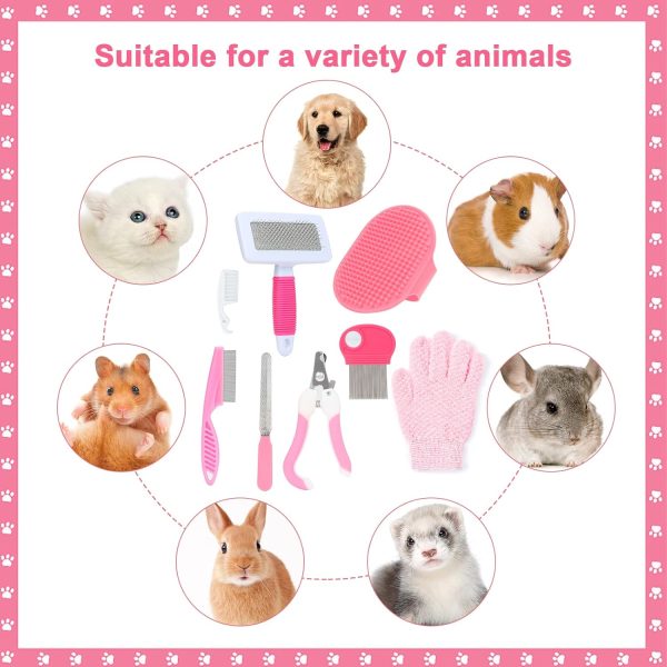 VCZONE Pink Small Animal Grooming Kit with Nail Clipper, Flea Comb, Shampoo Brush, Slicker Brush, Massage Glove for Rabbits - Image 7