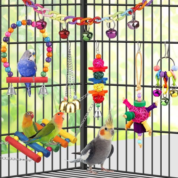 Bird Toys for Conures with Colorful Ladder Hammock Bird Cage Accerious Bird Perch Stand Chewing Toys Hanging Bell for Parrot Parakeet Cockatiel Lovebirds - Image 4