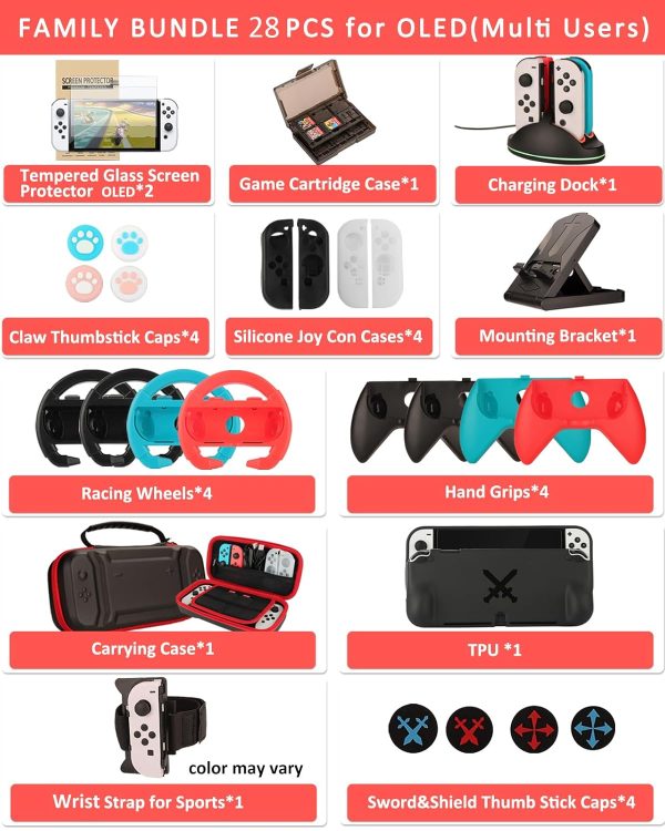 Switch OLED Accessories - 28 in 1 Accessory Bundle Kit for Nintendo Switch OLED Edition,Large Capacity Carrying Case&Tempered Glass Protector,Joy Con Charger, Gaming Steering Wheels, Grips and More - Image 2