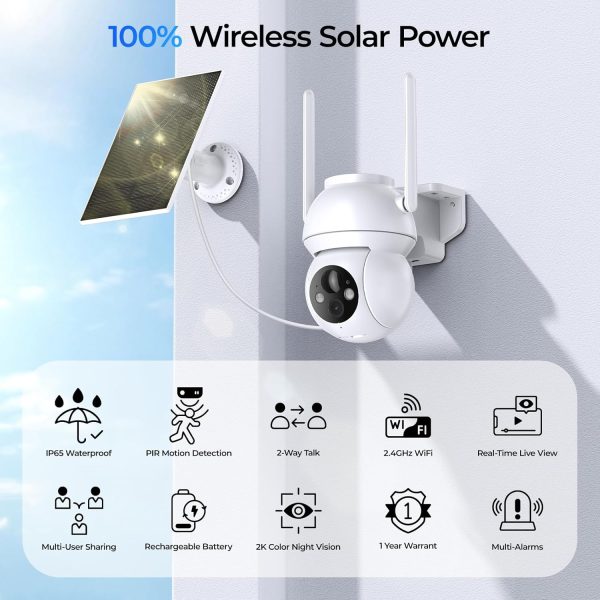 Solar Security Cameras Wireless Outdoor, WiFi Camera Outdoor 2K 360° View Battery Powered, Cameras for Home Security with Spotlight Color Night Vision Motion Sensor 2-Way Talk, White, 2 Pack - Image 2