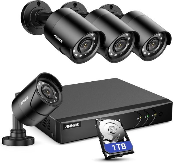 ANNKE 8CH H.265+ 3K Lite Surveillance Security Camera System with AI Human/Vehicle Detection, 4 x 1920TVL 2MP Wired CCTV IP66 Cameras for Indoor Outdoor Use, Remote Access, 1TB Hard Drive Included