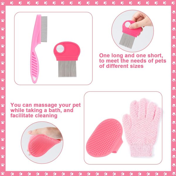 VCZONE Pink Small Animal Grooming Kit with Nail Clipper, Flea Comb, Shampoo Brush, Slicker Brush, Massage Glove for Rabbits - Image 6