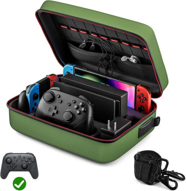 Switch Case, VORI Switch Carrying Case for Nintendo Switch and Switch OLED Model, Portable Full Protection Hard Shell Travel Storage Bag for Switch Console Pro Controller Accessories, Green