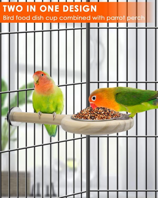 KATUMO Bird Perch Bird Feeding Cup Parrot Wood Perch Stand Toy Bird Cage Accessory for Parakeet Lovebird Conure Budgie Canary Finch Small Parrots - Image 4