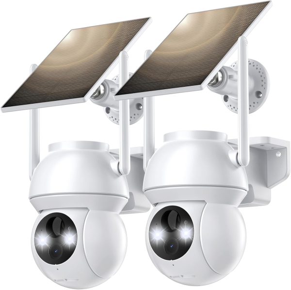 Solar Security Cameras Wireless Outdoor, WiFi Camera Outdoor 2K 360° View Battery Powered, Cameras for Home Security with Spotlight Color Night Vision Motion Sensor 2-Way Talk, White, 2 Pack