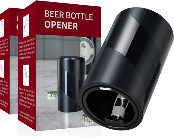 2 PACK Push Down-Pop Off Beer Bottle Opener with Magnetic Cap Catcher No Damage to Caps,Automatic Decapitator Beer/Soda Magnet Bottle Top Openers,One-Hand Easy/Funny Open,Cool Bartender Tools (Black)