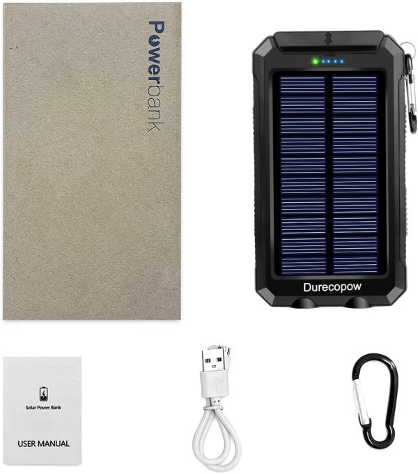 Solar Charger, 20000mAh Portable Outdoor Waterproof Solar Power Bank, Camping External Backup Battery Pack Dual 5V USB Ports Output, 2 Led Light Flashlight with Compass (Black) - Image 9