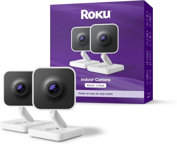 Roku New Indoor Camera 2024 - Home Security - 2-Pack - Wired Security Camera with 1080p HD Color Night Vision, Works with Alexa & Google, Motion & Sound Detection, WDR & WiFi 6