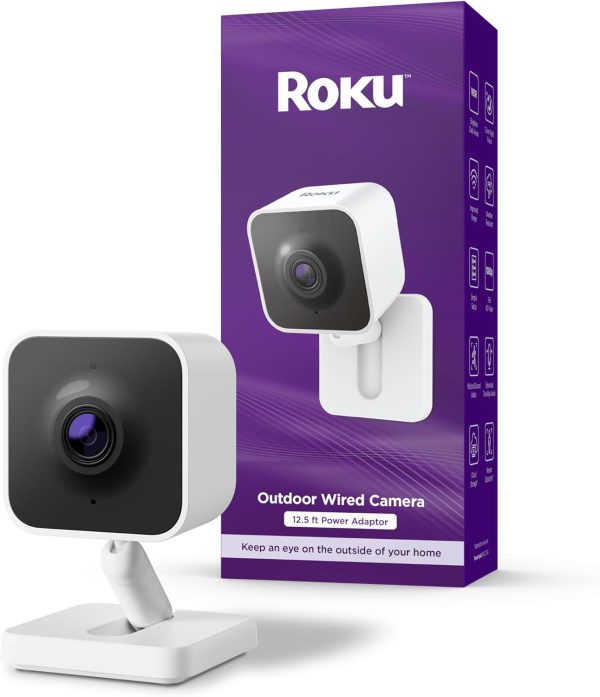 Roku New Outdoor Camera 2024 - Home Security - IP65 Weather Resistant Wired Security Camera with 1080p HD Night Vision, Works with Alexa & Google, WDR, Motion & Sound Detection