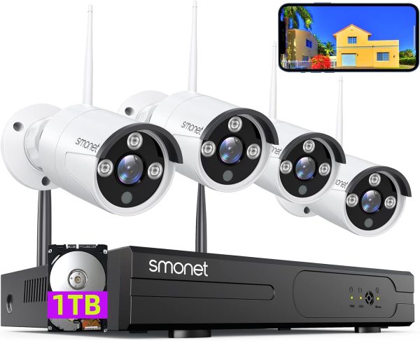 Wireless Security Camera System,SMONET 1080P 8 Channel Home Surveillance DVR Kits with 4pcs 2MP Full HD Cameras 1TB HDD Night Vision Motion Detection Free App for Indoor Outdoor 24/7 Video Recording