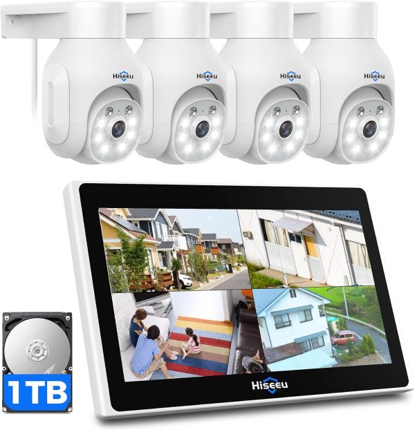 Hiseeu Wireless Security Camera System, 4PCS 5MP Outdoor Camera with 10in LCD 1T HDD, 2-Way Audio, PTZ, Color Night Vision, Motion Alert, IP66 Waterproof, Auto Tracking, 2.4G WiFi, No Monthly Fee