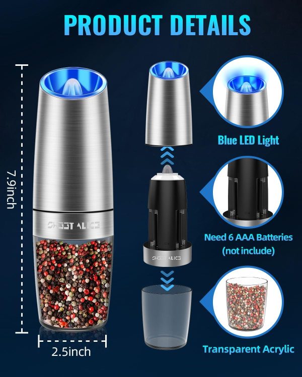 Gravity Electric Pepper and Salt Grinder Set, Salt and Pepper Mill & Adjustable Coarseness, Battery Powered with LED Light, One Hand Automatic Operation, Stainless Steel (Set/Silver) - Image 6