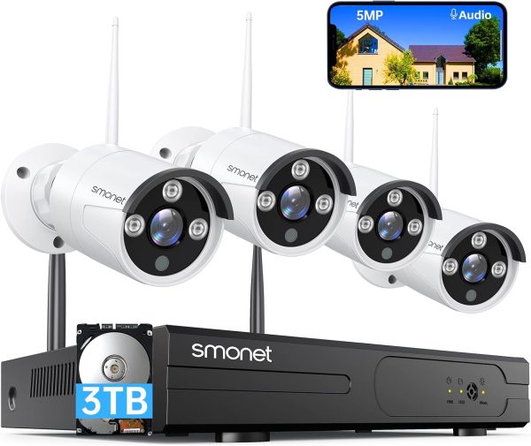 [5MP HD,Audio] SMONET WiFi Security Camera System,3TB Hard Drive,8CH Home Surveillance DVR Kits,4 Packs Outdoor Indoor IP Cameras Set,IP66 Waterproof,Free Phone APP,Night Vision,24/7 Video Recording