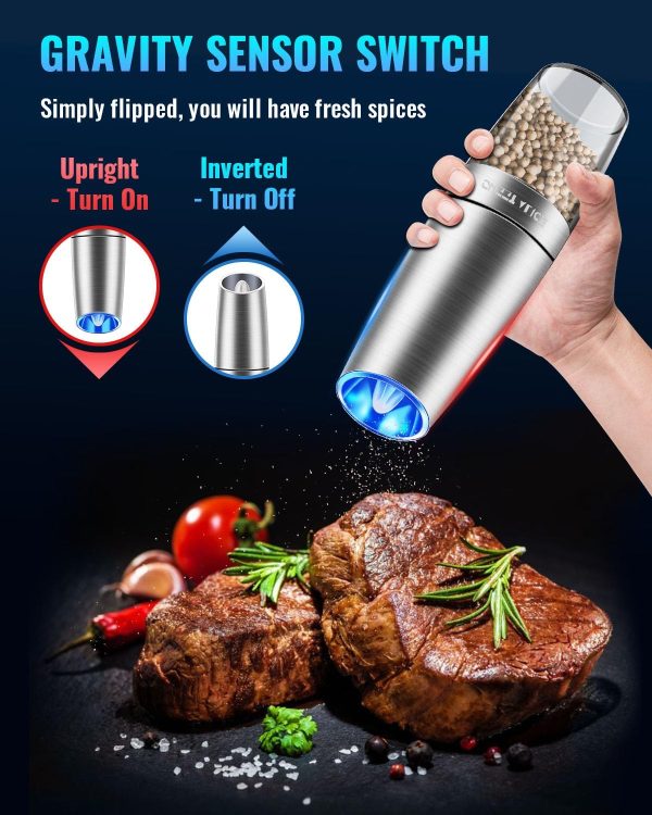 Gravity Electric Pepper and Salt Grinder Set, Salt and Pepper Mill & Adjustable Coarseness, Battery Powered with LED Light, One Hand Automatic Operation, Stainless Steel (Set/Silver) - Image 3