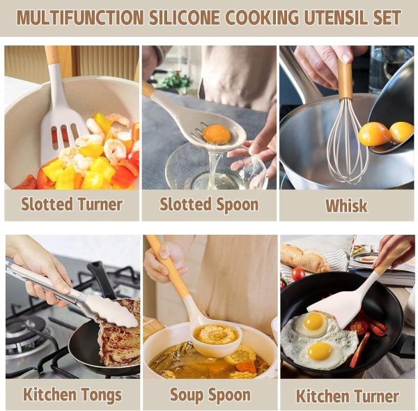 Umite Chef Kitchen Cooking Utensils Set, 33 pcs Non-Stick Silicone Cooking Kitchen Utensils Spatula Set with Holder, Wooden Handle Silicone Kitchen Gadgets Utensil Set (Khaki) - Image 3